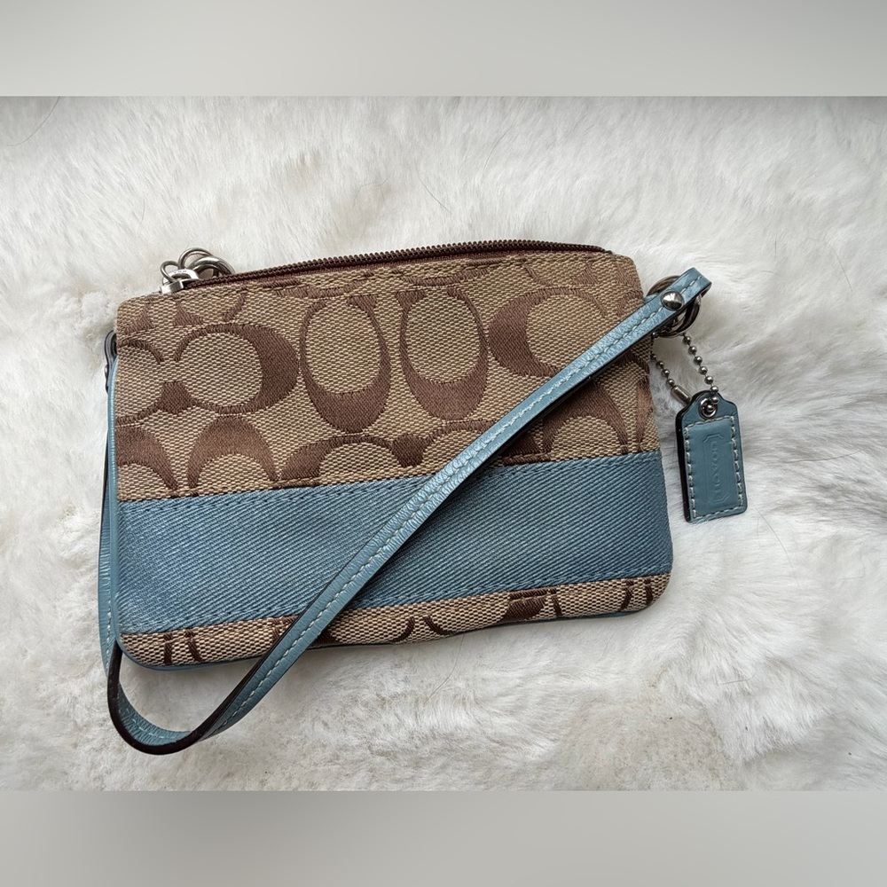 Coach Baby blue and brown/tan wristlet